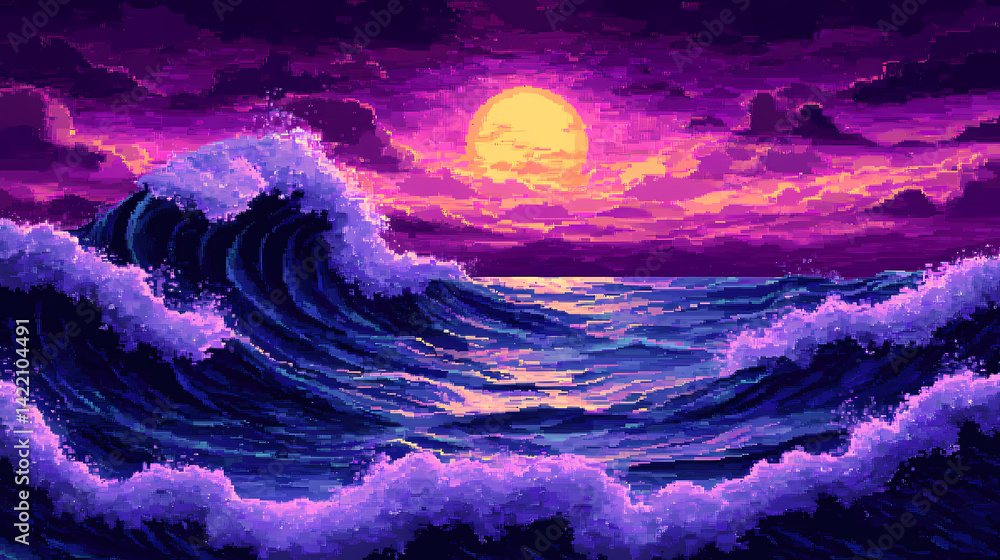 Vibrant violet waves in a pixelated dreamscape, vibrant, violet, waves, pixelated, dreamscape, abstract, artistic, surreal. Surreal Waves. Illustration