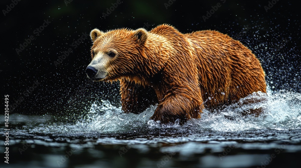 Fototapeta premium Powerful Brown Bear Splashing Through Water with Dynamic Movement and Fur Detail Close Up