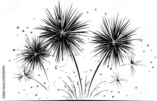 Black and white illustration of fireworks bursting with scattered sparks. Vector illustration