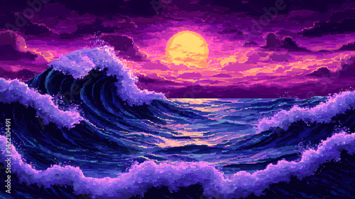 Obraz na płótnie Vibrant violet waves in a pixelated dreamscape, vibrant, violet, waves, pixelated, dreamscape, abstract, artistic, surreal. Surreal Waves. Illustration w salonie