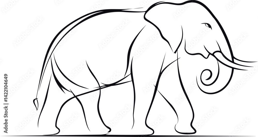 Obraz premium Elegant black line drawing of walking elephant. Vector illustration