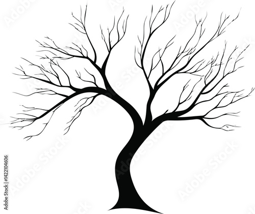 Black and white silhouette of a leafless tree with twisted branches, vector art. Vector illustration