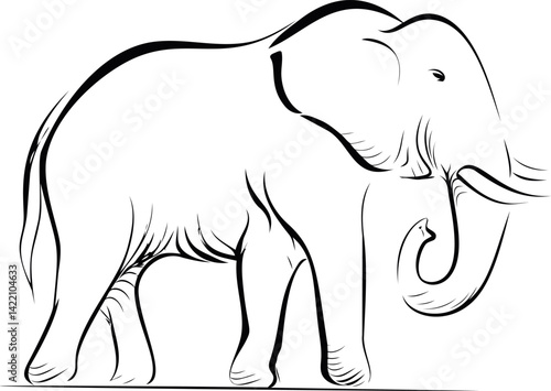 Simple black and white line drawing of an elephant side view. Vector illustration