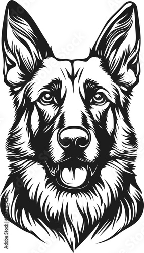Intricate black and white illustration of a german shepherd dog's face. Vector illustration