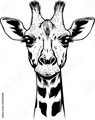 Monochrome giraffe illustration in black and white with detailed features. Vector illustration