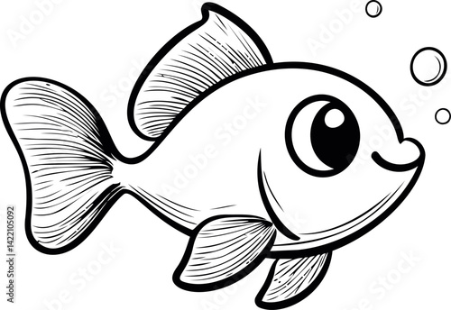 Cartoon fish swimming with bubbles in simple black and white illustration. Vector illustration