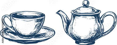 Sketch of a vintage teapot and teacup in blue and white with intricate details. Vector illustration