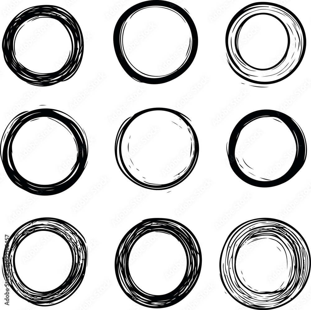Set of nine hand-drawn black enso circles, zen art concept. Vector illustration Set of nine hand-drawn black enso circles, zen art concept. Vector illustration