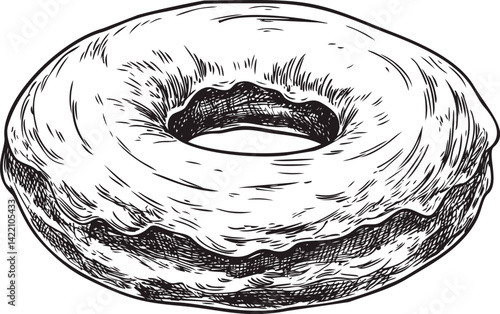 Illustration of a detailed black and white donut sketched in vintage style. Vector illustration