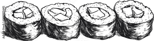 Illustrated sushi rolls with detailed line art in monochrome sketch style. Vector illustration