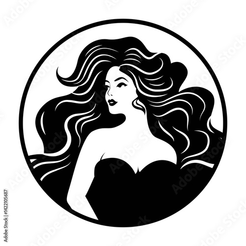 Glamorous female with voluminous hair in modern circular design