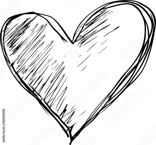 Sketchy black and white hand-drawn heart illustration with rough edges. Vector illustration