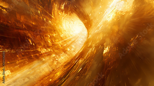 Golden light beams exploding into a tunnel, symbolizing speed, energy, motion, and transformation. Gilded Warp. Illustration