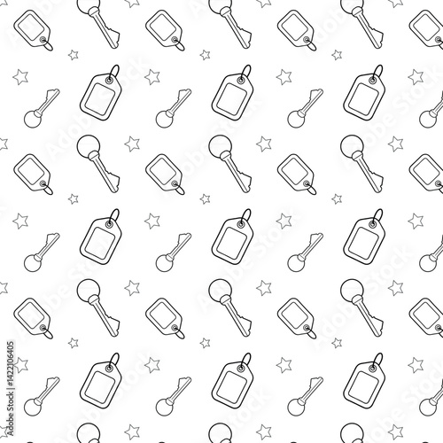 Vector seamless pattern with keys and keychains of different sizes, suitable for design and printing