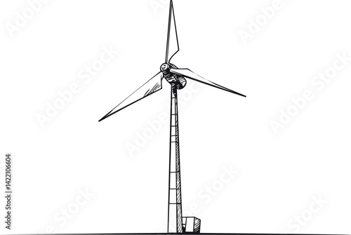 Black and white illustration of a wind turbine with detailed lines. Vector illustration