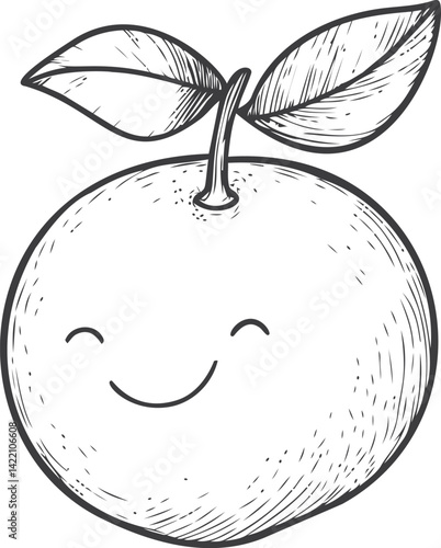 Smiling orange with leaves in black and white sketch illustration. Vector illustration