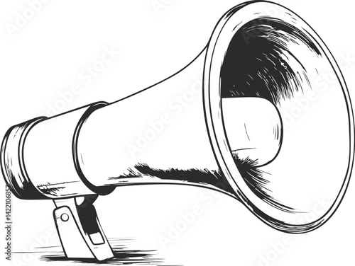 Hand-drawn black and white illustration of a classic megaphone for announcements. Vector illustration