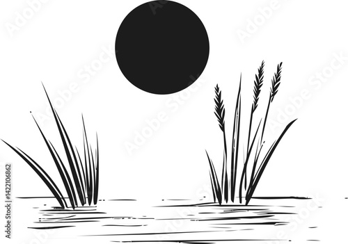 Silhouette of grasses and plants under a black sun in minimalistic style. Vector illustration