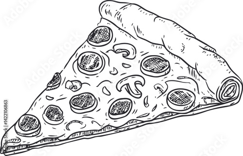 Detailed sketch of pizza slice with mushrooms and pepperoni. Vector illustration