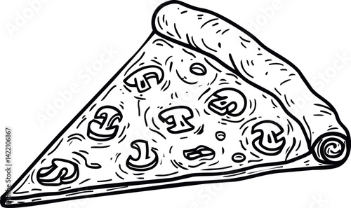 Black and white sketch of a pizza slice with mushrooms outlined by hand. Vector illustration