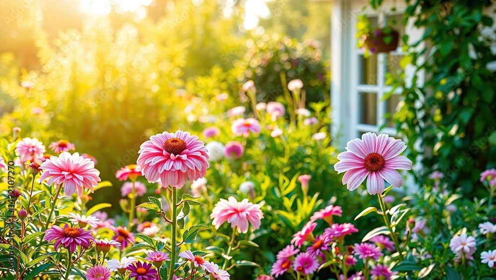 Obraz premium Morning Sunlight on a Blossoming Home Garden