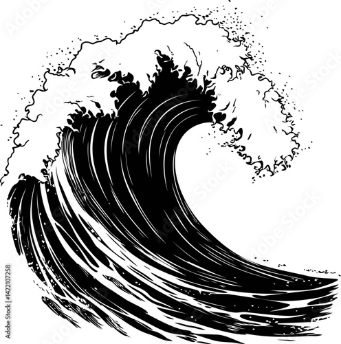 Black and white illustration of a giant ocean wave, abstract artistic design. Vector illustration