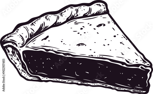 Black and white illustration of a slice of pie with detailed crust. Vector illustration