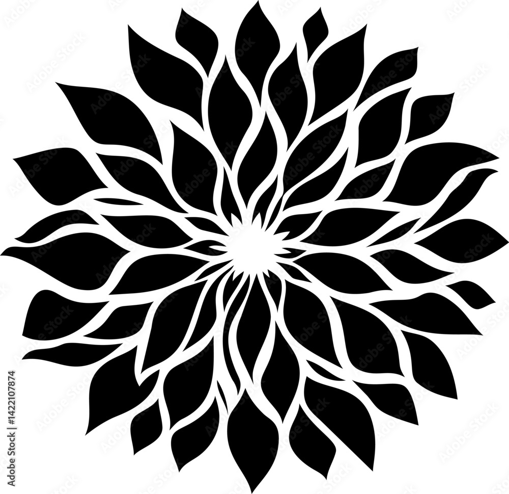 Fototapeta premium Abstract black floral pattern with symmetrical leaf design in vector silhouette. Vector illustration