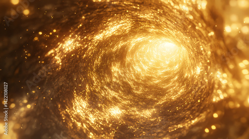 Golden light beams exploding into a tunnel, symbolizing speed, energy, motion, and transformation. Gilded Warp. Illustration