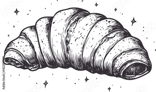 Sketch of a croissant surrounded by stars in black and white illustration. Vector illustration
