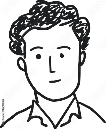 Simple black and white line drawing of a man with curly hair and a calm expression. Vector illustration