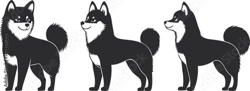 Silhouette of three shiba inu dogs in profile with fluffy tails and alert expressions. Vector illustration