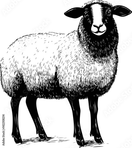 Black and white illustration of a sheep with detailed wool texture. Vector illustration