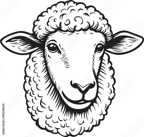 Black and white illustration of a sheep's head with intricate wool detail. Vector illustration