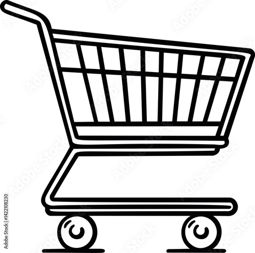 Black and white outline of a shopping cart with wheels in simple vector style. Vector illustration