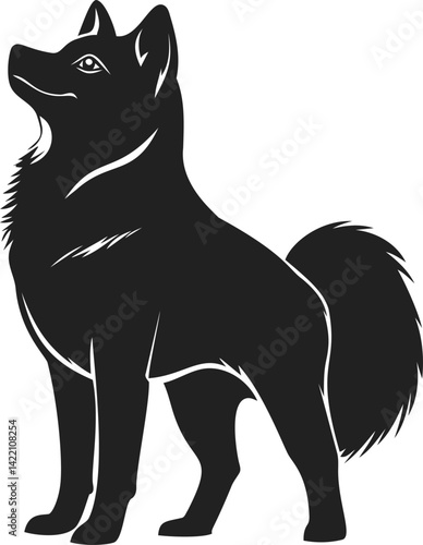 Silhouette of a proud dog standing with bushy tail and sharp features. Vector illustration