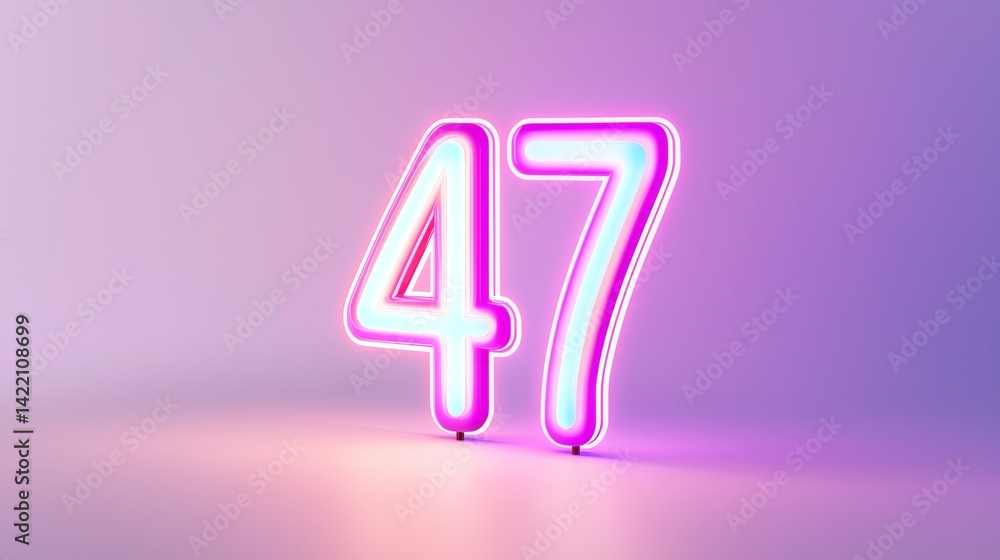 Neon Birthday Candle Shaped Like Number 47 Glowing Against Soft Purple Background Neon Birthday Candle Shaped Like Number 47 Glowing Against Soft Purple Background