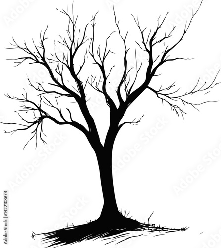 Silhouette of a leafless tree in artistic illustration. Vector illustration
