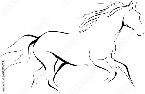 Stylized black and white line drawing of a galloping horse in motion. Vector illustration