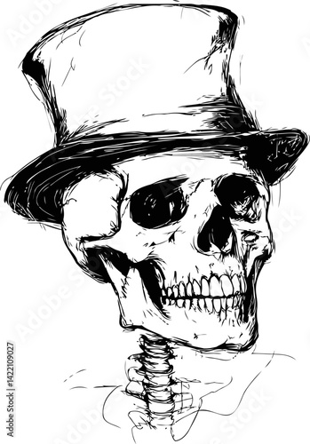 Sketched skull with a top hat showing intricate details. Vector illustration