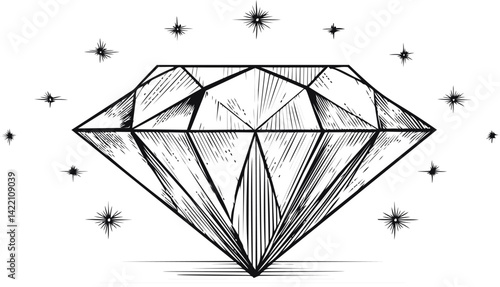 Black and white sketch of a diamond with sparkling stars drawn around it. Vector illustration
