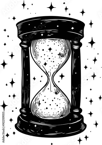 Illustration of a detailed hourglass with stars in retro black and white design. Vector illustration