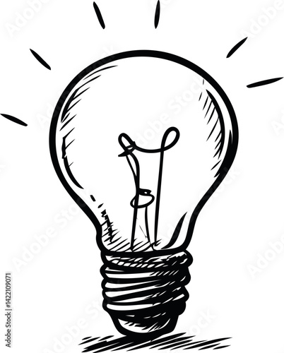 Sketch of a light bulb with radiant lines, black ink drawing. Vector illustration