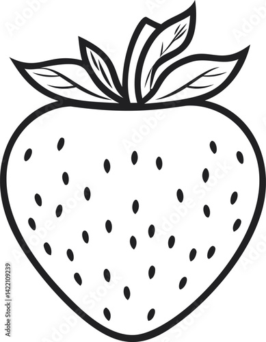 Black and white line drawing of a strawberry with leaves illustration. Vector illustration