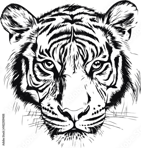 Illustration of a tiger face in black and white with intricate line details. Vector illustration