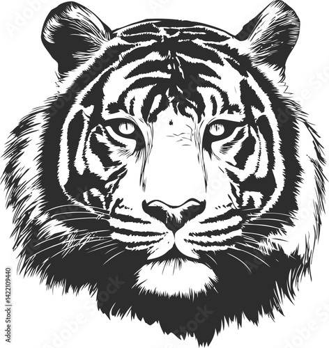 Black and white illustration of a tiger face with intense eyes, vector art. Vector illustration