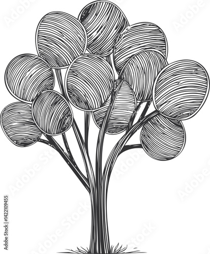 Abstract black and white tree with round leaves, intricate line drawing. Vector illustration