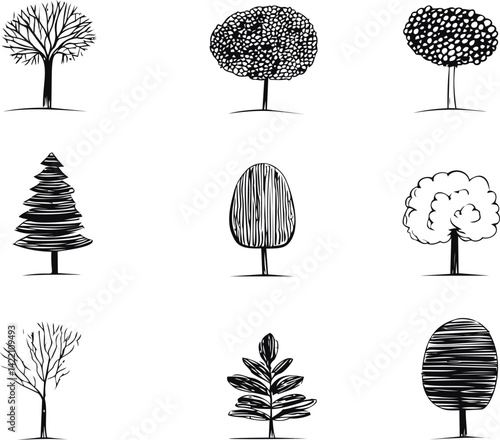 Sketch of nine unique tree designs in black outline. Vector illustration