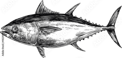Black and white illustration of a detailed tuna fish side profile, ink drawing. Vector illustration