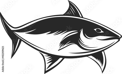 Black and white illustration of a tuna fish with detailed line art. Vector illustration